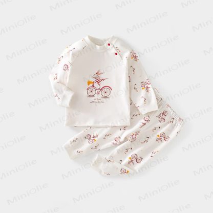 Baby Bicycle Rabbit Print Pajamas 2 Pieces Set - White - 6-12M - image 1