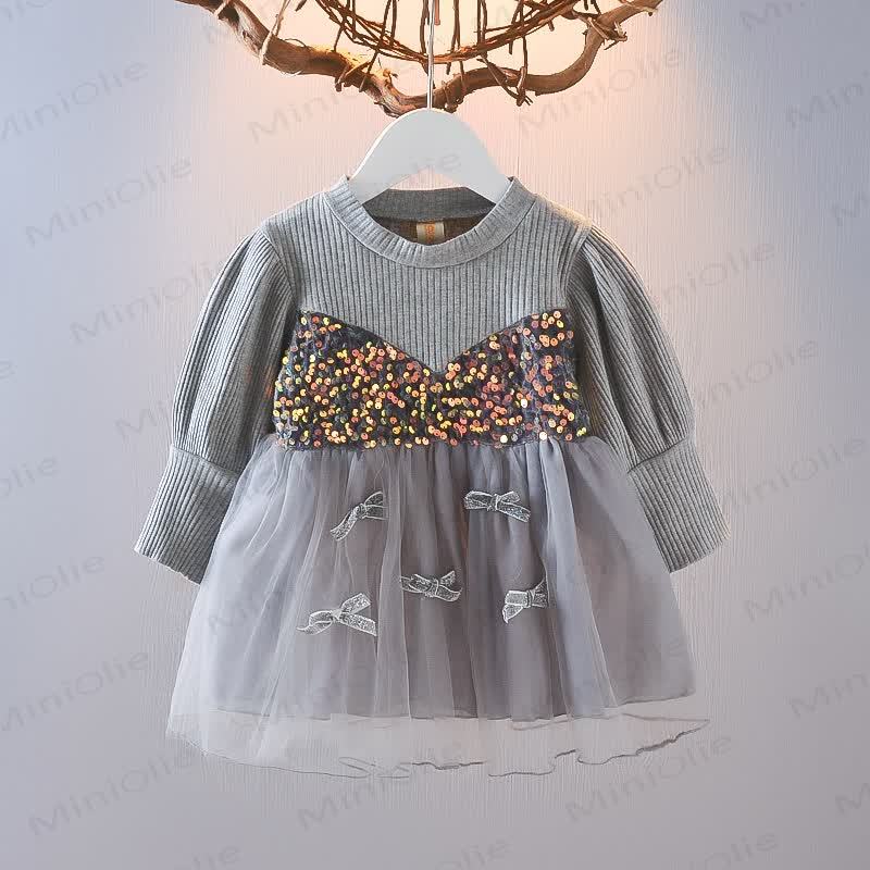 Baby Toddler Girl Mesh Sequins Bow Fake 2pcs Panel Dress - Grey - 3-5T - image 4