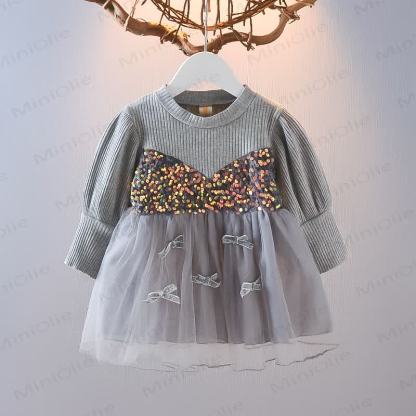 Baby Toddler Girl Mesh Sequins Bow Fake 2pcs Panel Dress - Grey - 3-5T - image 4