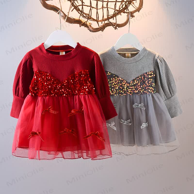 Baby Toddler Girl Mesh Sequins Bow Fake 2pcs Panel Dress - image 1