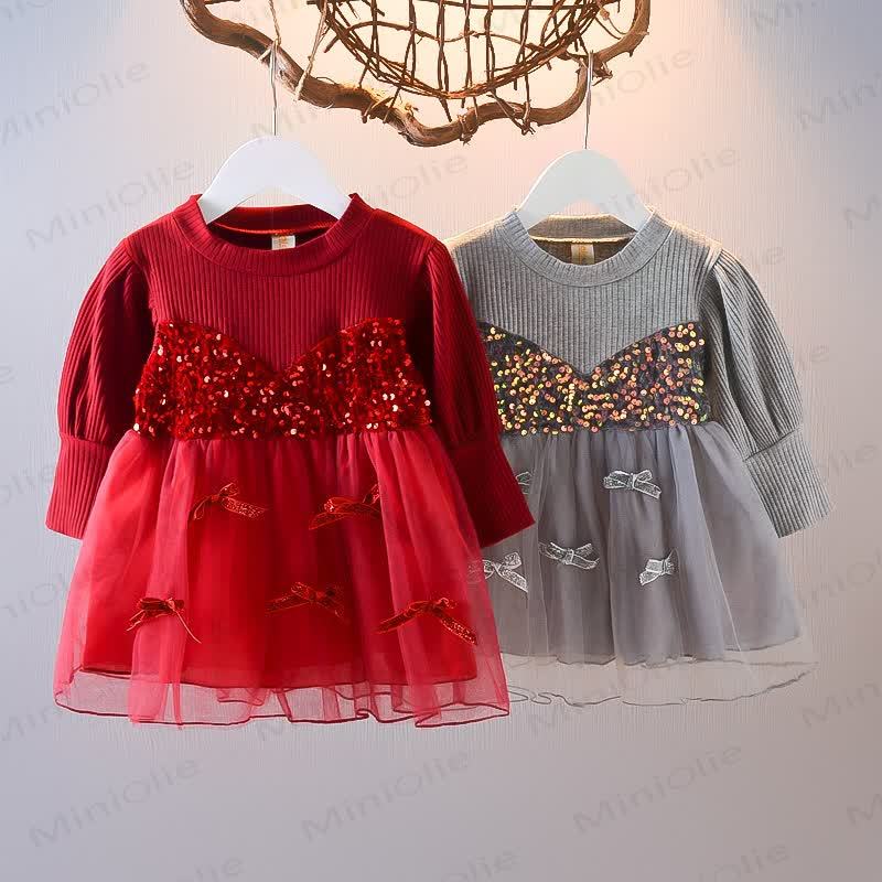 Baby Toddler Girl Mesh Sequins Bow Fake 2pcs Panel Dress - image 1