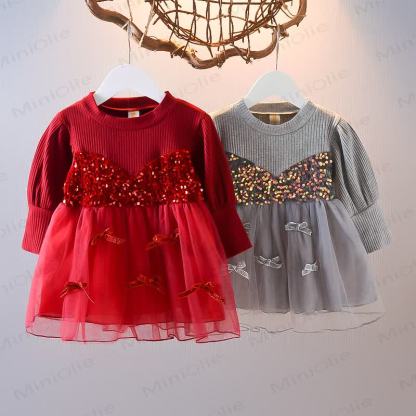 Baby Toddler Girl Mesh Sequins Bow Fake 2pcs Panel Dress - image 1