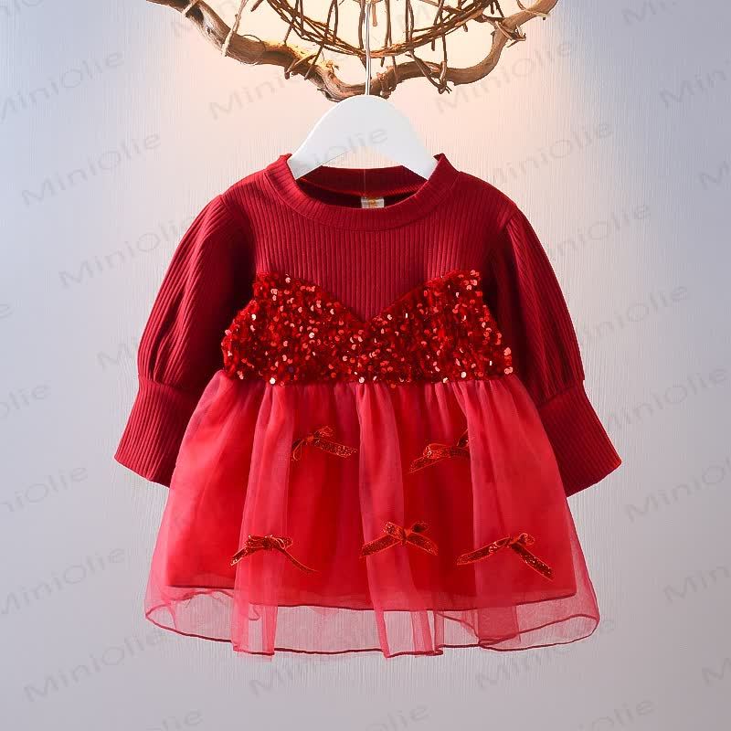 Baby Toddler Girl Mesh Sequins Bow Fake 2pcs Panel Dress - Red - 3-5T - image 2