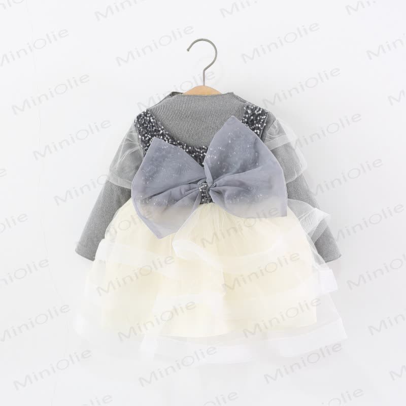 Baby Girl Bow Mesh Sequins Dress - Grey - 28-37M - image 1