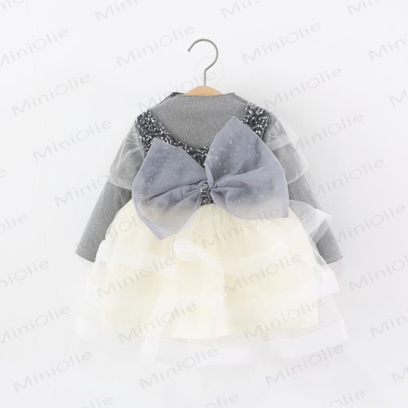 Baby Girl Bow Mesh Sequins Dress - Grey - 28-37M - image 1
