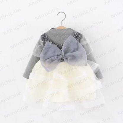Baby Girl Bow Mesh Sequins Dress - Grey - 28-37M - image 1