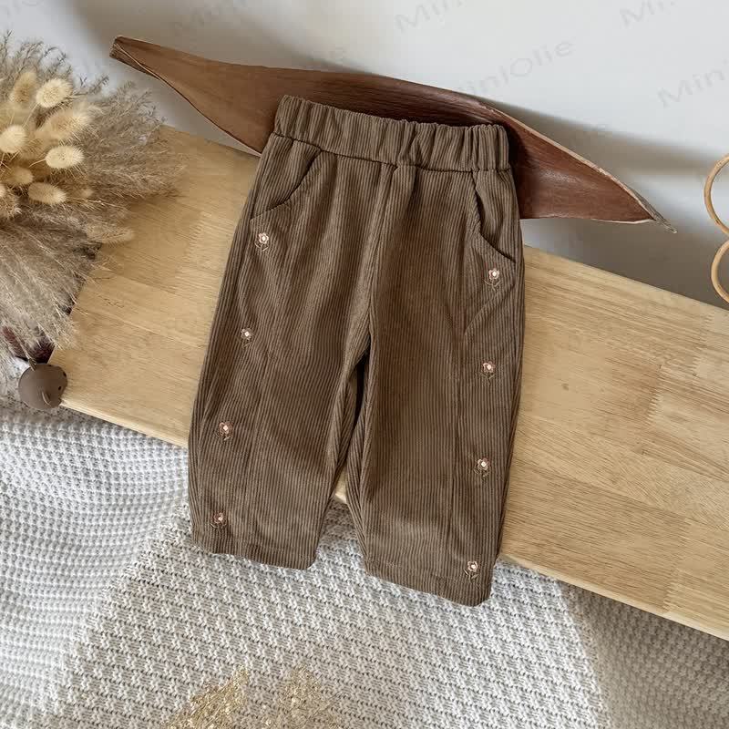Baby Girl Flower Embroidery Cord Loose Pants - Coffee - 2-3Y - image 3