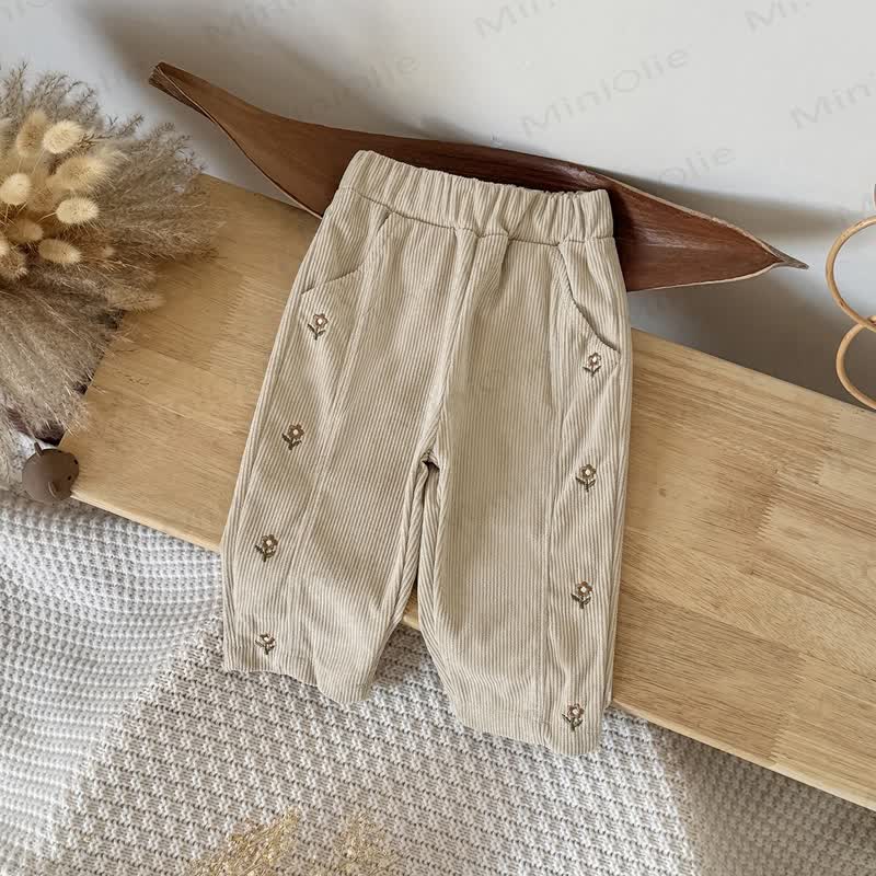 Baby Girl Flower Embroidery Cord Loose Pants - Beige - 2-3Y - image 5