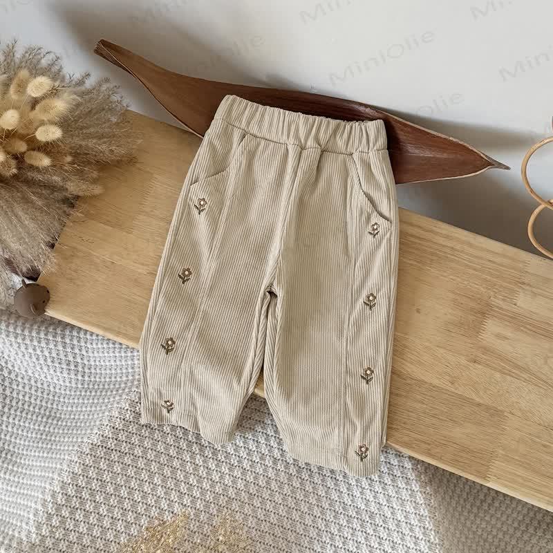 Baby Girl Flower Embroidery Cord Loose Pants - Beige - 2-3Y - image 5