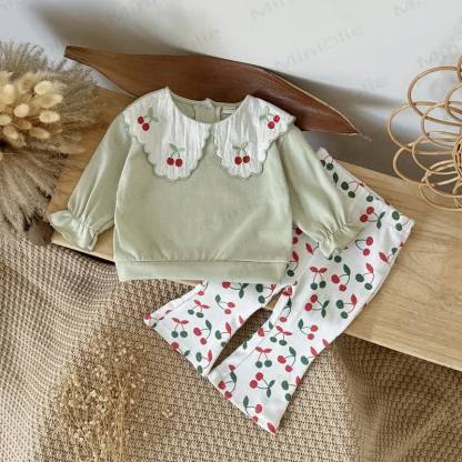 Baby Girl Embroidered Cherry 2-piece Set - Green - 2-3Y - image 1