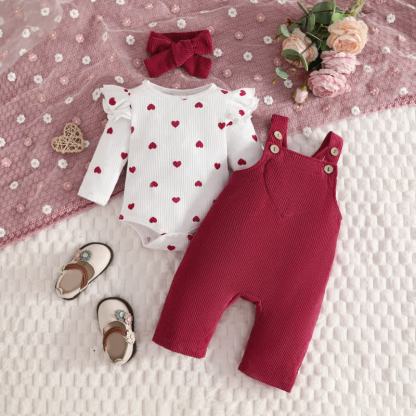 Baby Girl Love Cord Bodysuit & Overalls 2-piece Set With A Bow - Dark Red - 12-18M - image 1