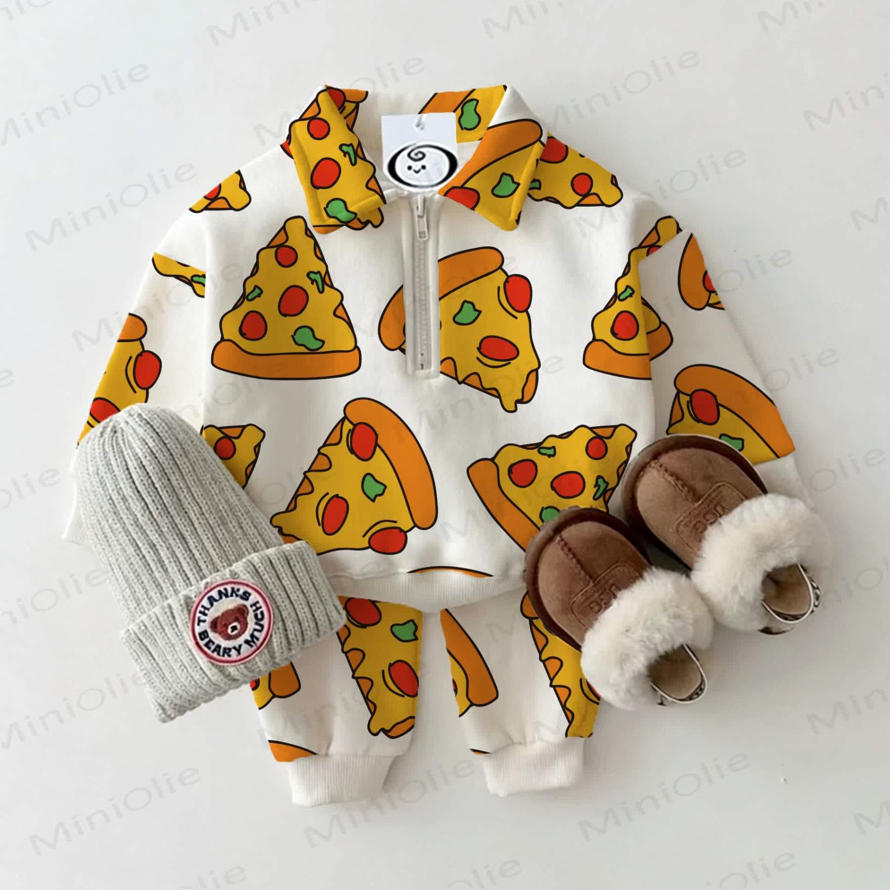 Baby Toddler Pizza White Lapel Sweatshirt 2-piece Set - White - 3-5T - image 1
