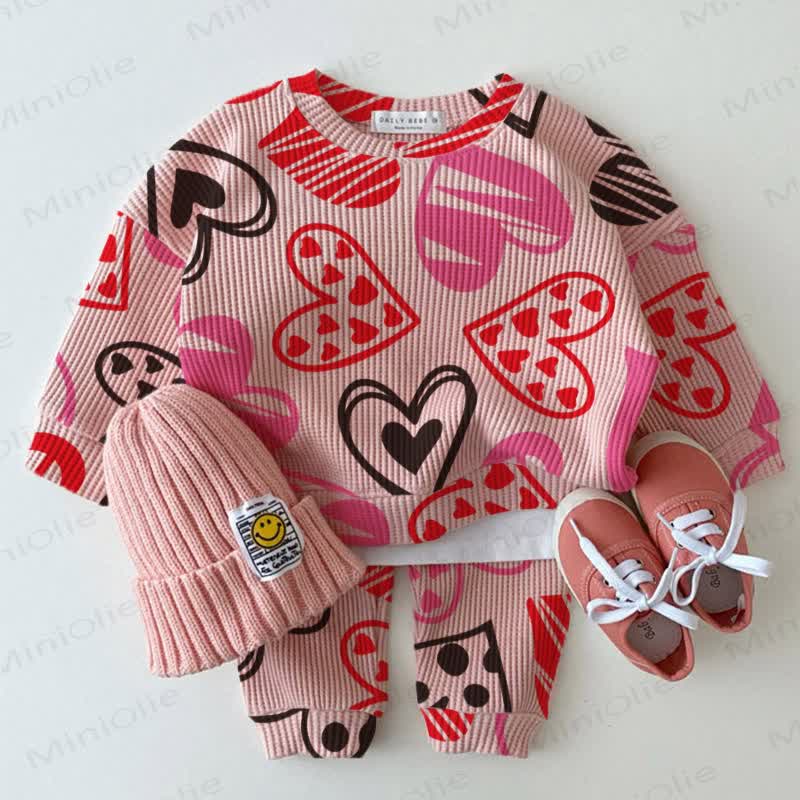 Baby Waffle Colored Hearts Sweatshirt 2-piece Pink Set - Pink - 18-24M - image 1