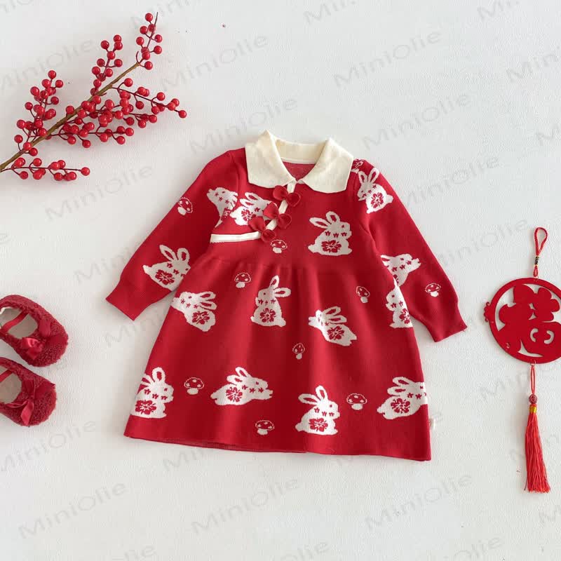 Baby Toddler Girl Red Bunny Knit Bow Dress - image 3