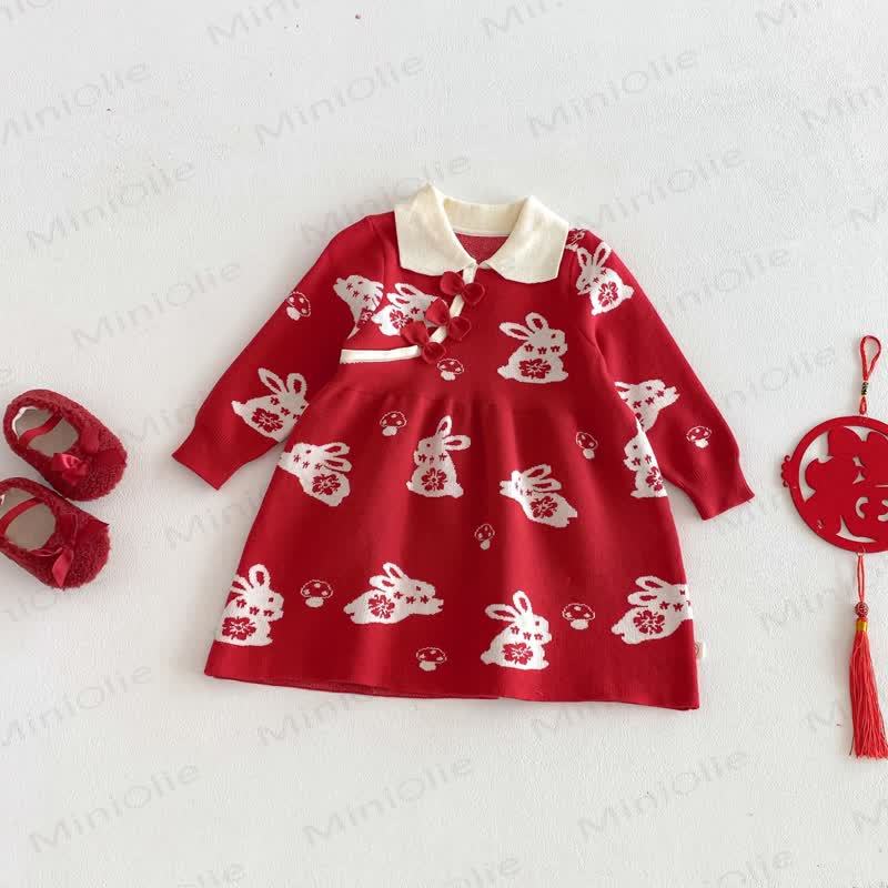 Baby Toddler Girl Red Bunny Knit Bow Dress - Red - 5-7T - image 1