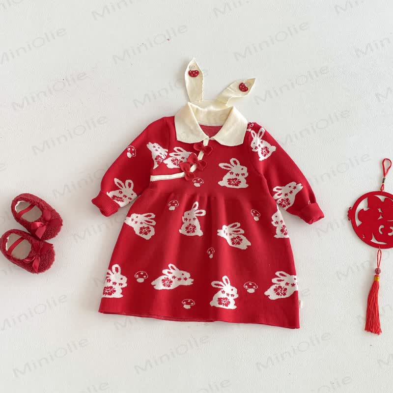 Baby Toddler Girl Red Bunny Knit Bow Dress - image 2