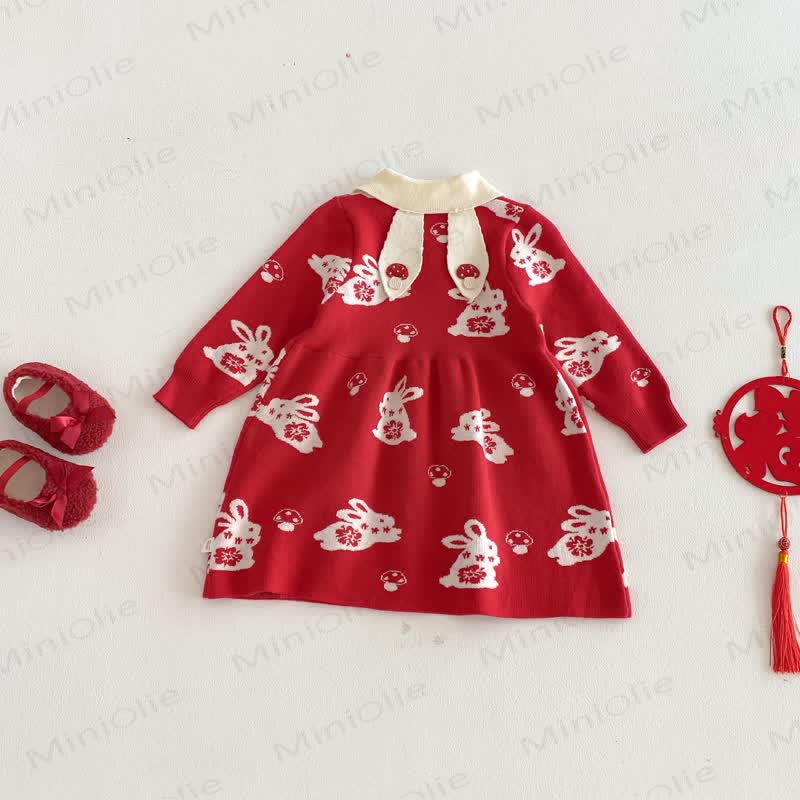 Baby Toddler Girl Red Bunny Knit Bow Dress - image 4