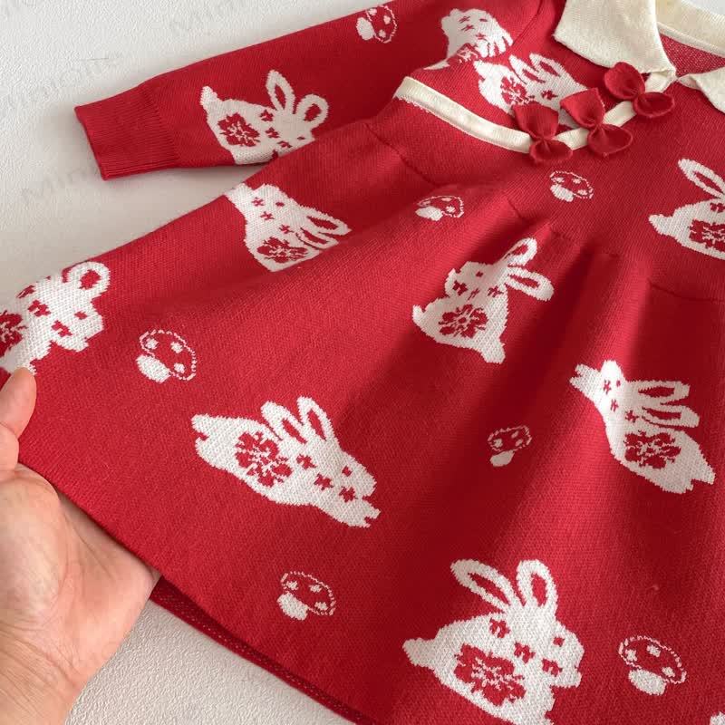 Baby Toddler Girl Red Bunny Knit Bow Dress - image 8