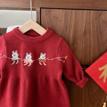 Baby Toddler Girl Red Bunny Knit Dress - image 4