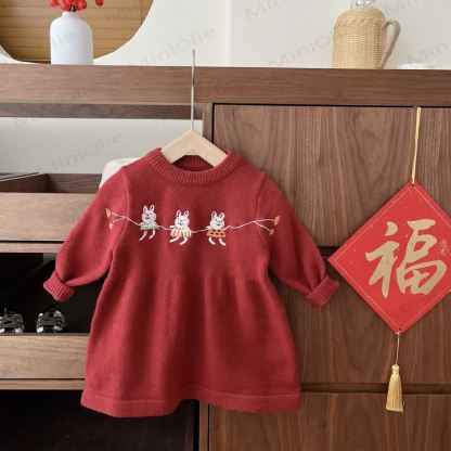 Baby Toddler Girl Red Bunny Knit Dress - Red - 5-7T - image 1