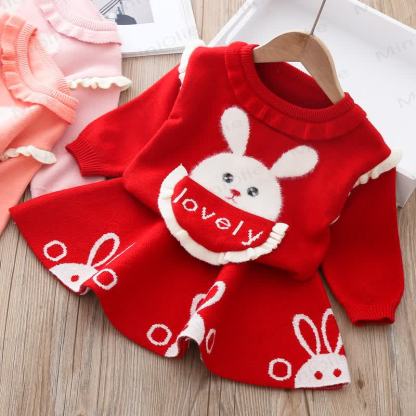 LOVELY Baby Girl Knit Bunny Dress  - Red - 5-7T - image 1