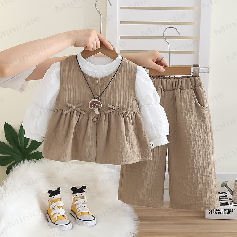 Baby Toddler Girl Bow Solid Color 3-piece Set - Camel - 5-7T - image 2