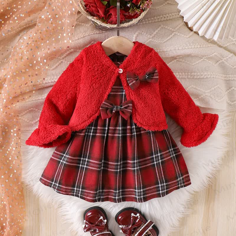 Baby Girl Plaid Bow Fur Dress - Red - 2-3Y - image 1