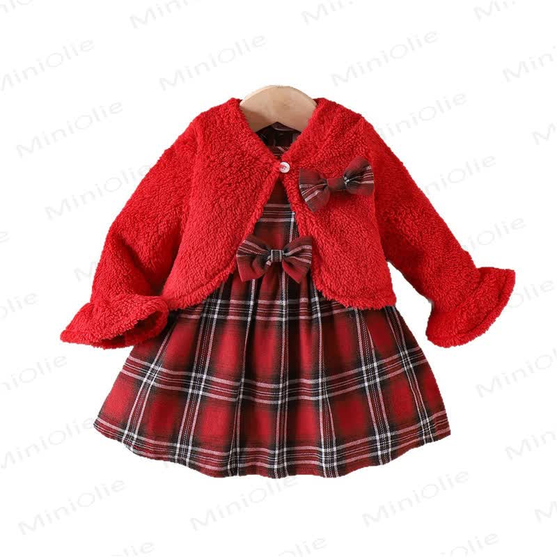 Baby Girl Plaid Bow Fur Dress - image 4
