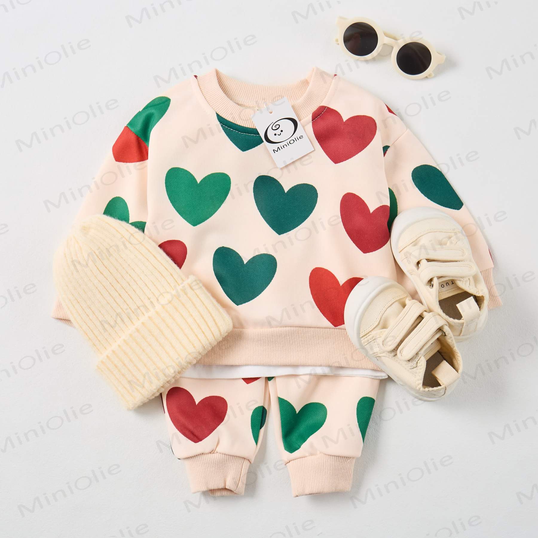 Baby Christmas Color Hearts Sweatshirt 2-piece Beige Set - image 2