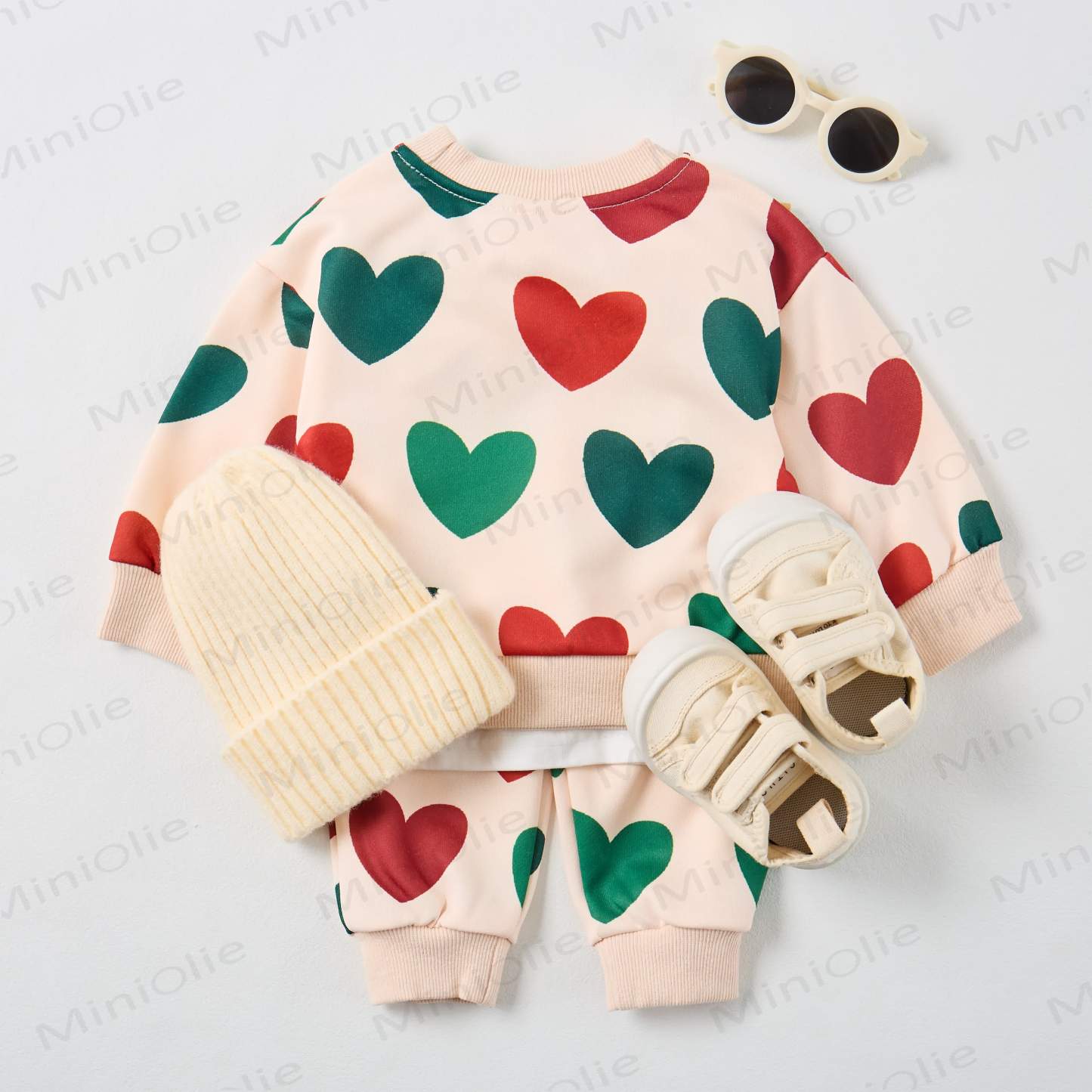 Baby Christmas Color Hearts Sweatshirt 2-piece Beige Set - image 7