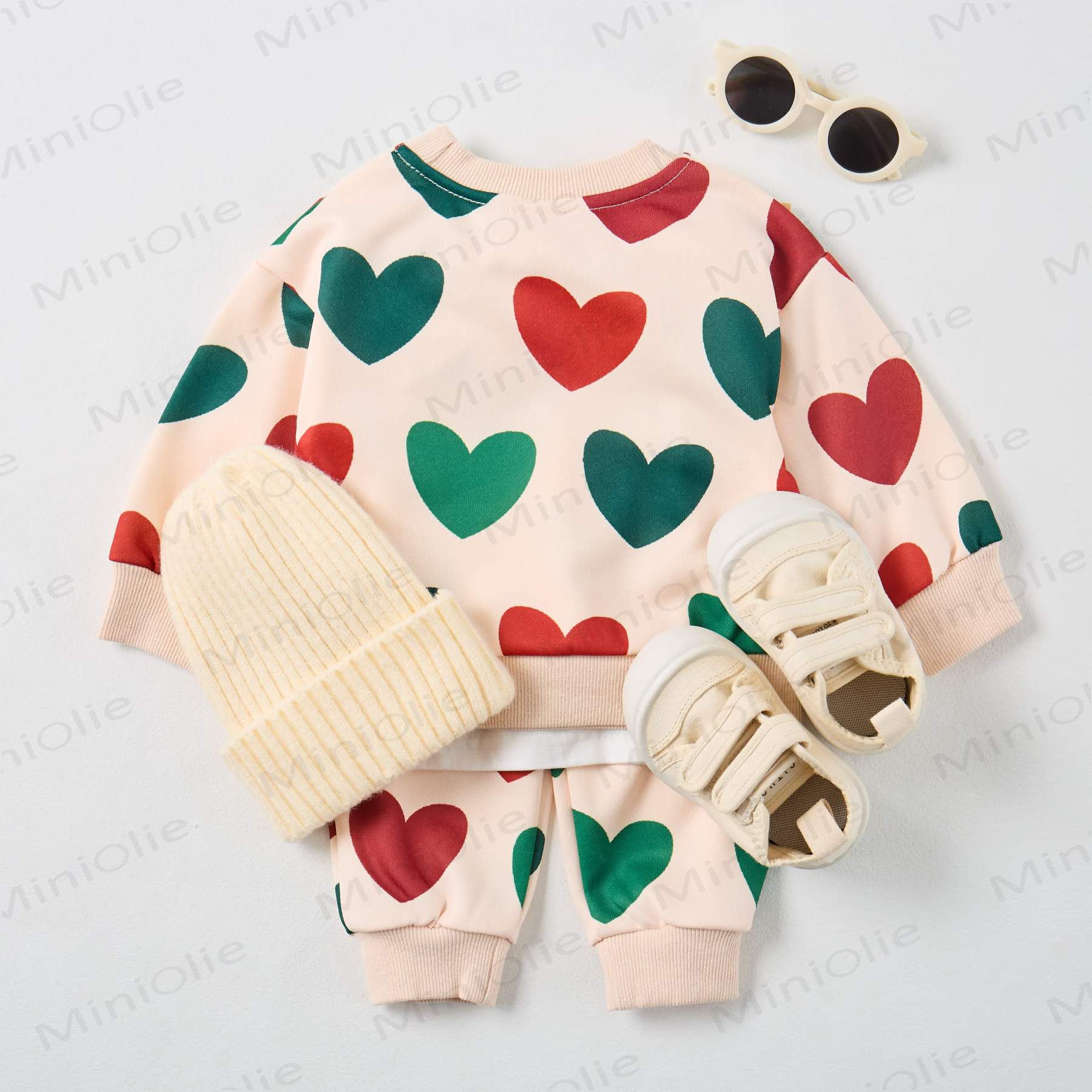 Baby Christmas Color Hearts Sweatshirt 2-piece Beige Set - image 7