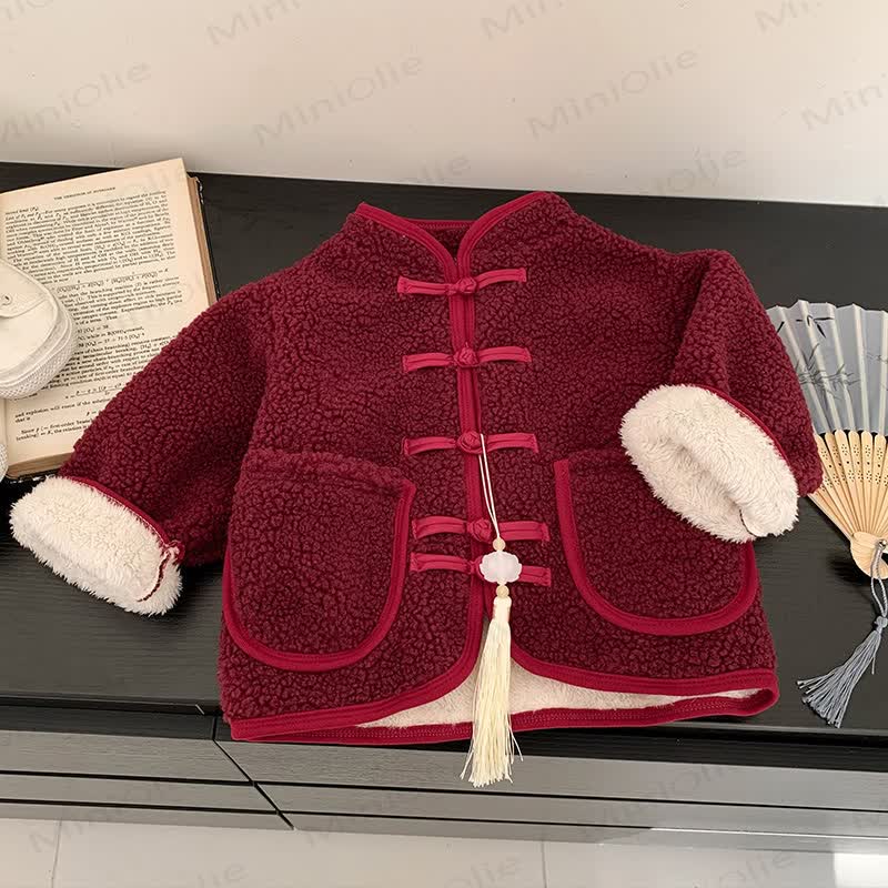 Kid's Retro Solid Color Fleece Outerwear - Red - 12Y - image 4