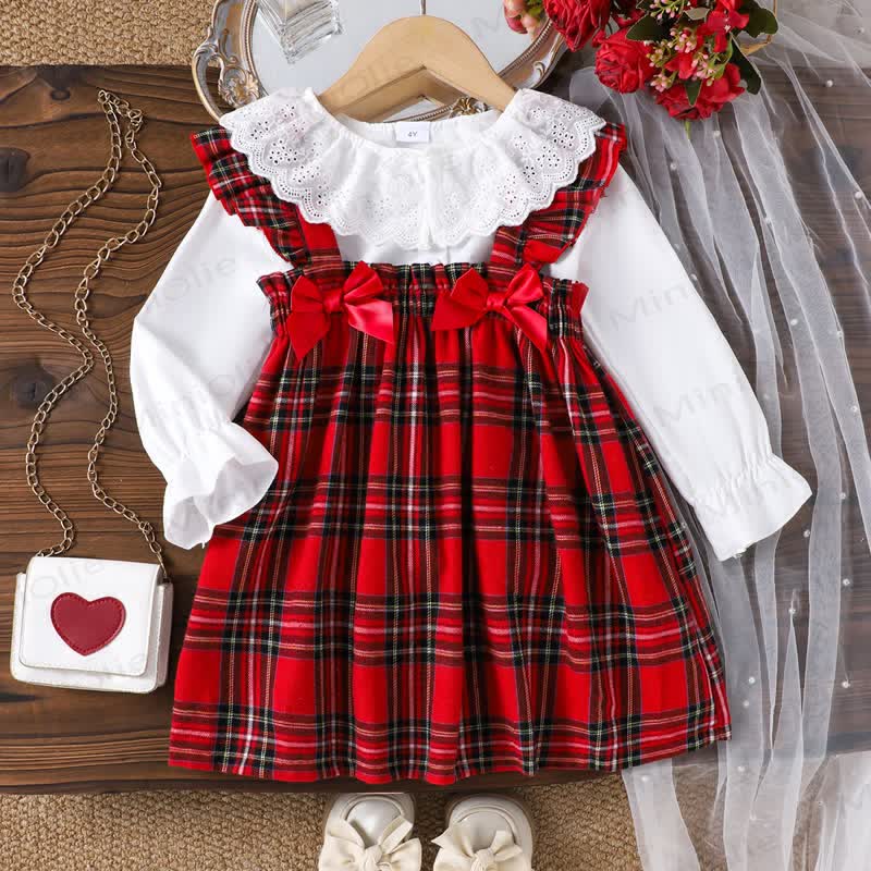 Toddler Kid Girl Bow Lace Red Plaid Sleeveless Dress - Red - 7Y - image 1