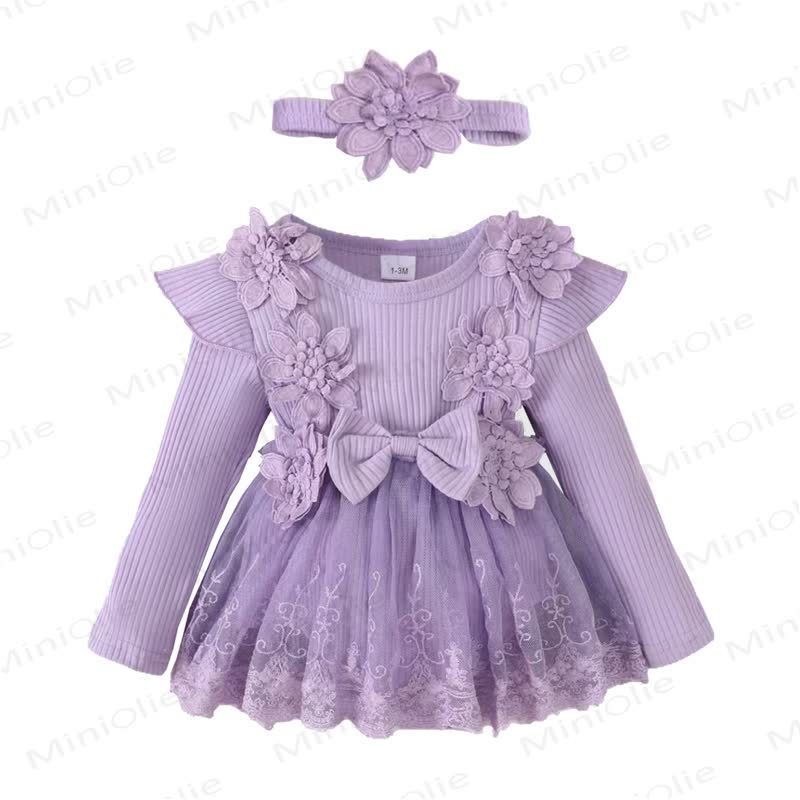 Baby Girl Bow Flower Flying Sleeves Lace Romper Dress - Purple - 12-18M - image 6