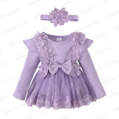 Baby Girl Bow Flower Flying Sleeves Lace Romper Dress - Purple - 12-18M - image 6