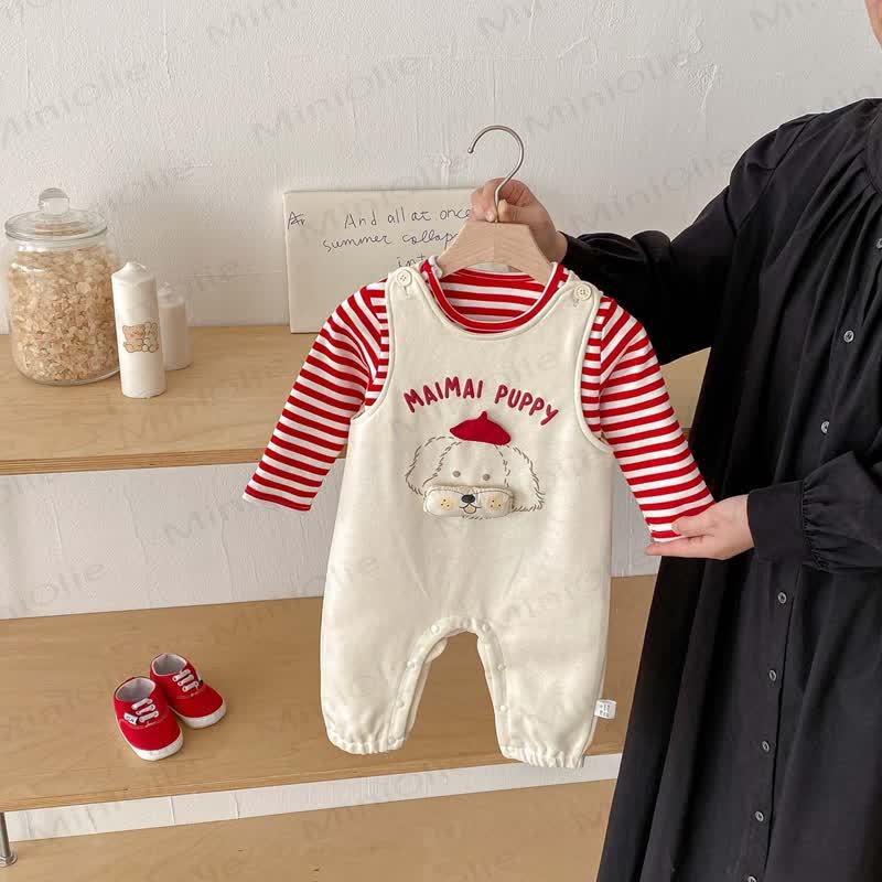 MAIMAI PUPPY Baby Girl White Overalls & Red White Stripe Top - image 3