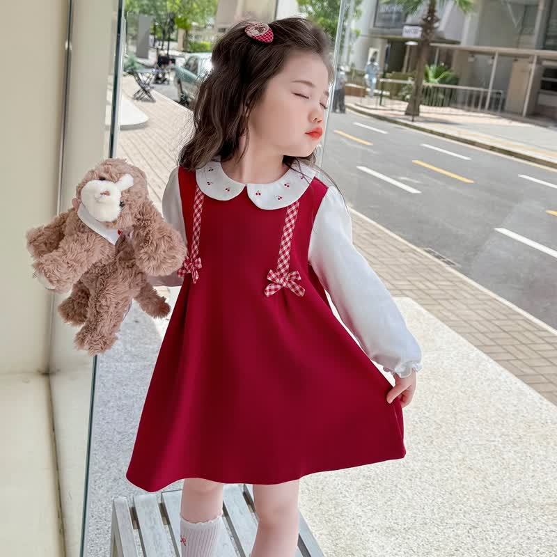 Toddler Girl Plaid Bow Cherry Baby Collar Dress - image 4
