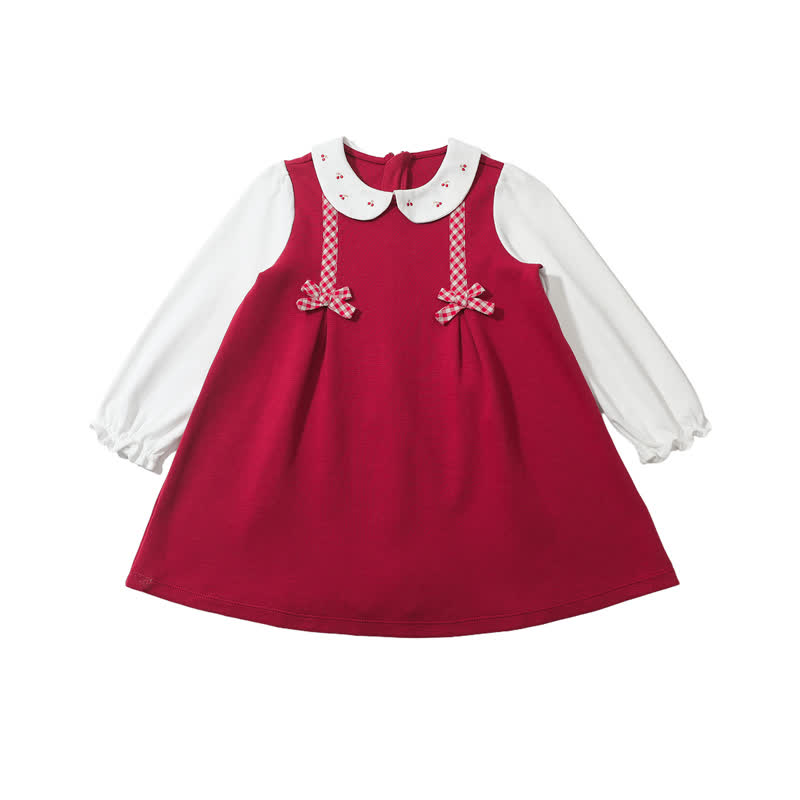 Toddler Girl Plaid Bow Cherry Baby Collar Dress - Red - 6-7T - image 1