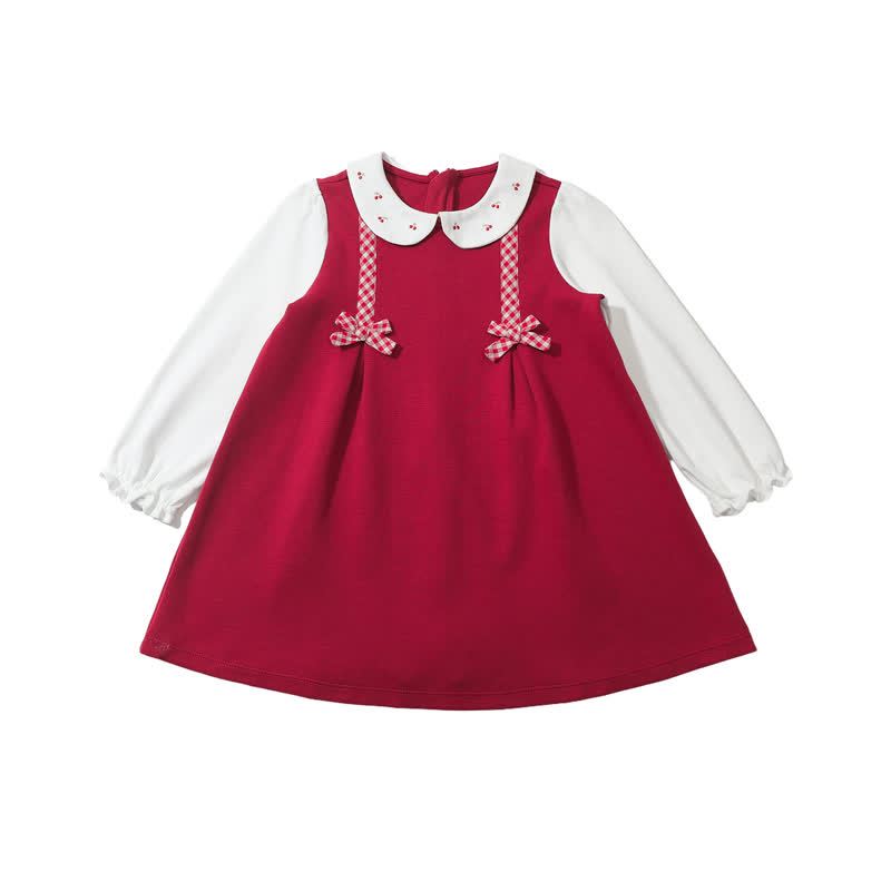 Toddler Girl Plaid Bow Cherry Baby Collar Dress - Red - 6-7T - image 1