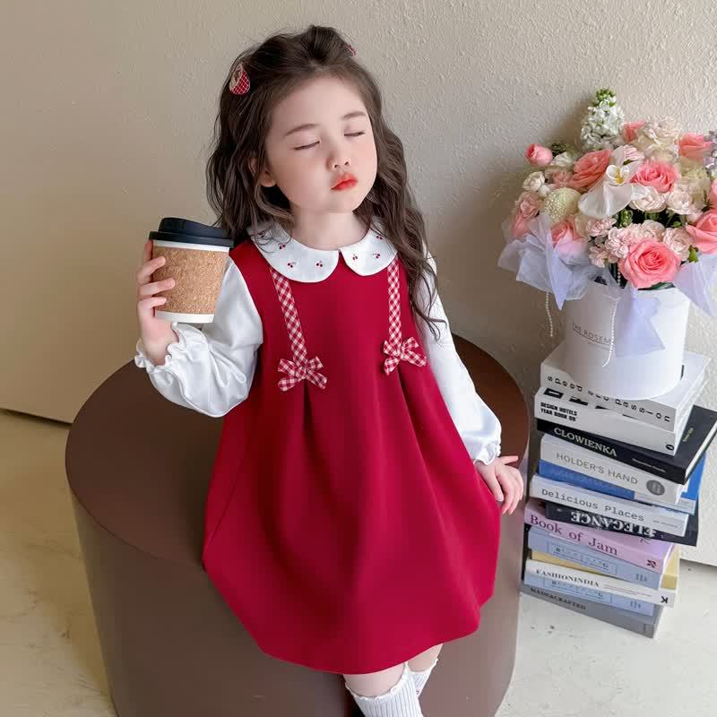 Toddler Girl Plaid Bow Cherry Baby Collar Dress - image 5