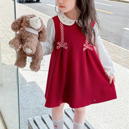 Toddler Girl Plaid Bow Cherry Baby Collar Dress - image 2