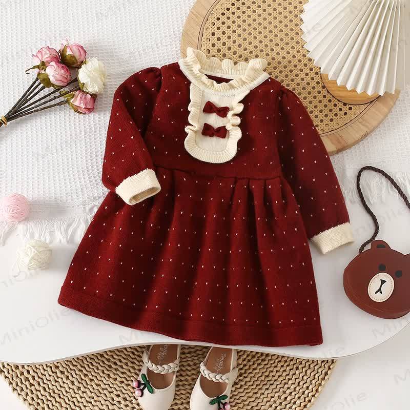 Toddler Girl Bow Knit Dot Dress - Red - 8Y - image 1