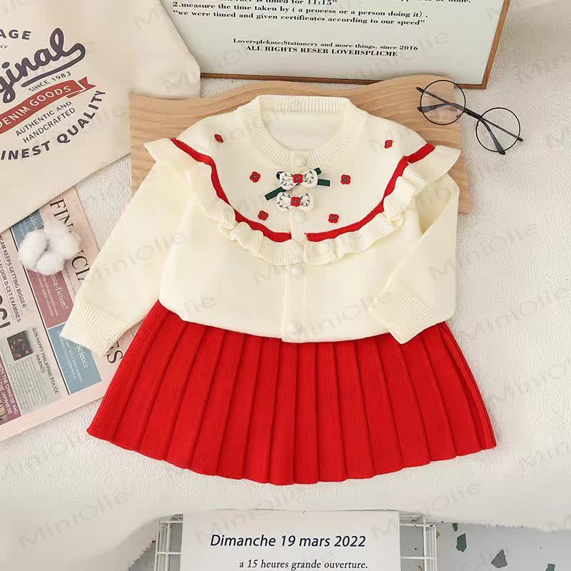 Toddler Girl Flower Sweet Bow Dress - White Red - 8Y - image 2