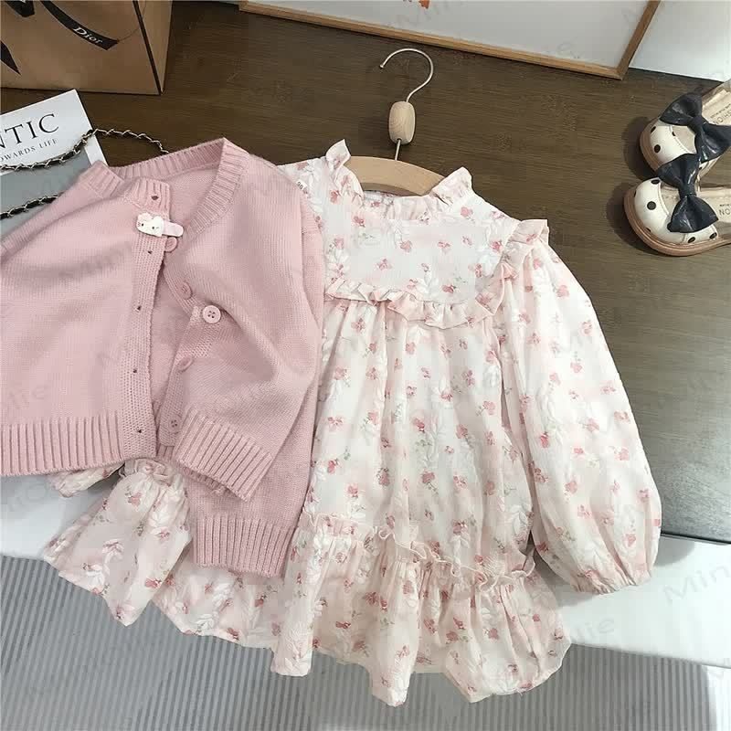 Toddler Girl Flower Beige Dress/Pink Cardigan - image 2