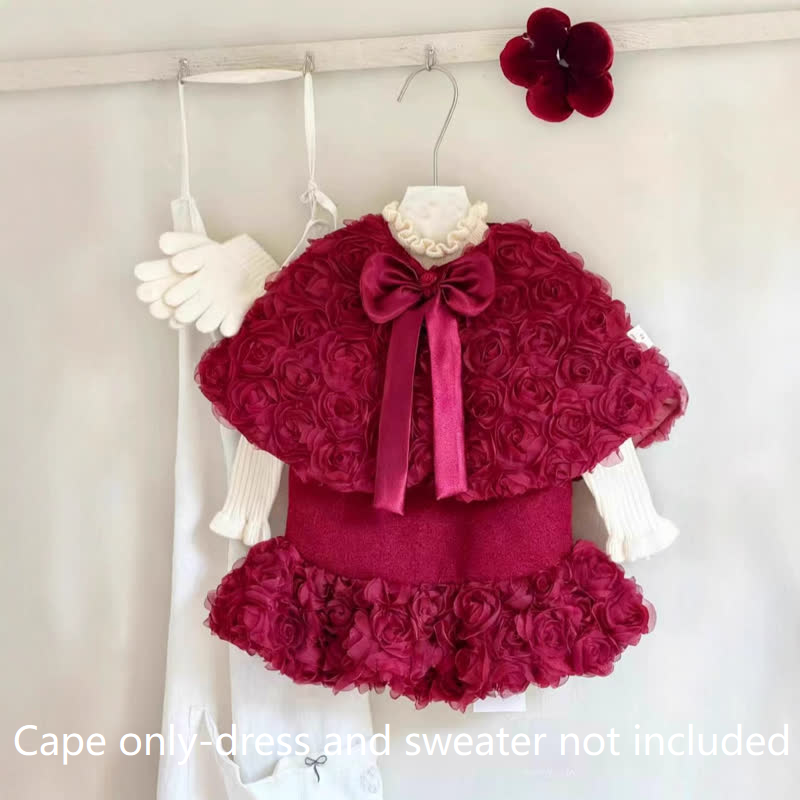 Toddler Girl Red Flower Sleeveless Dress/Red Flower Bow Cloak - Red Cloak - 8Y - image 1