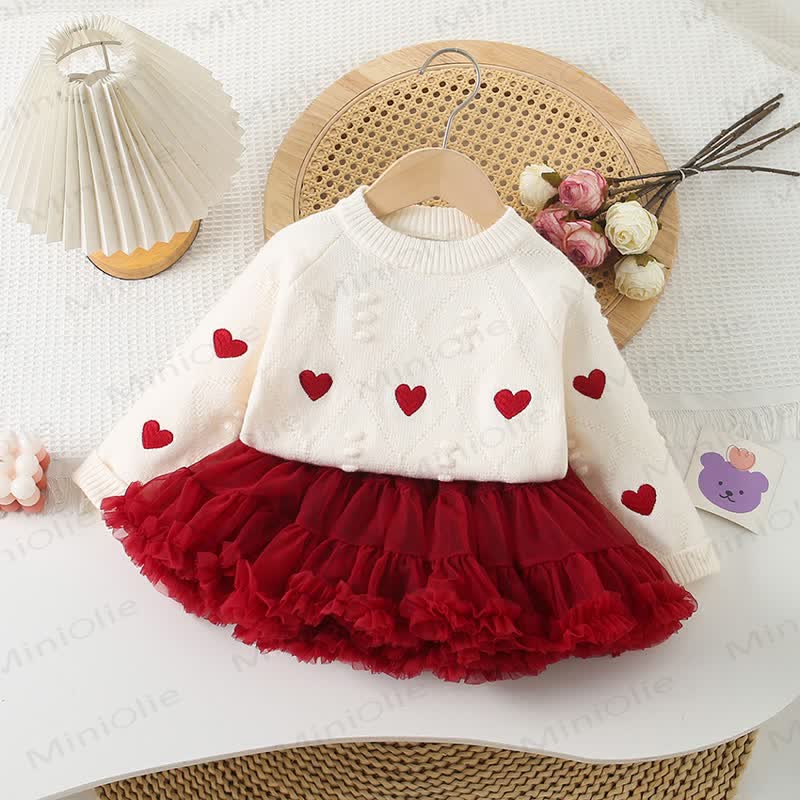 Toddler Girl Embroidered Love Knit Sweater & Tutu Skirt - Beige Sweater & Red Tutu Skirt - 8Y - image 5