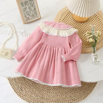 Toddler Girl Flower Double-layer Crew Neck Knit Dress - image 2