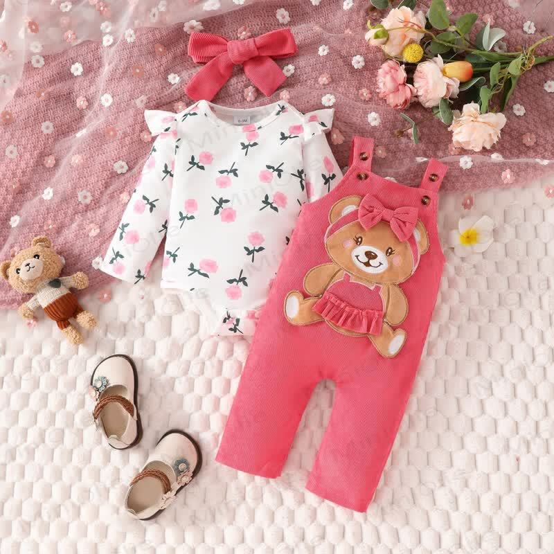 Baby Girl Flower Flying sleeves Bodysuit & Bear Bow Cord Overalls - image 2