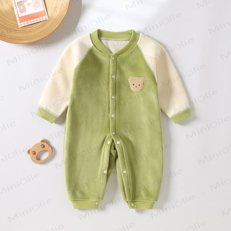 Baby Fleece Cartoon Bear Color Block Warm Sleepwear Romper  - Green - 12-18M - image 1