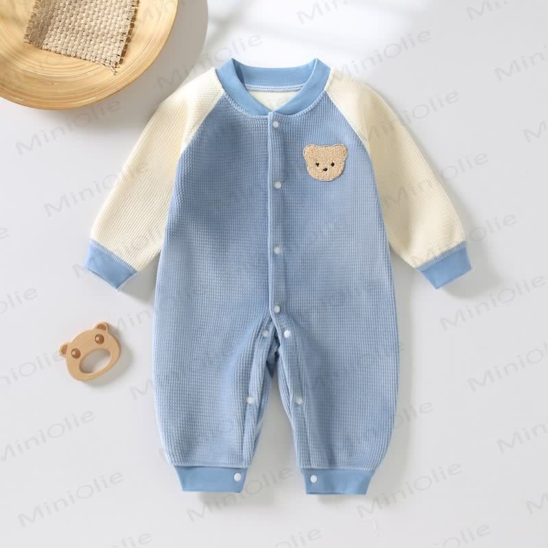 Baby Fleece Cartoon Bear Color Block Warm Sleepwear Romper  - Blue - 12-18M - image 2